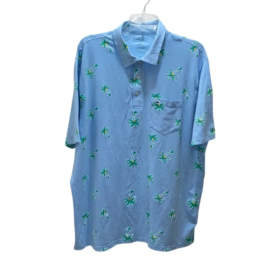 Crown & Ivy Mens XL Blue Palm Tree Print Short Sleeve Polo Shirt Chest Pocket